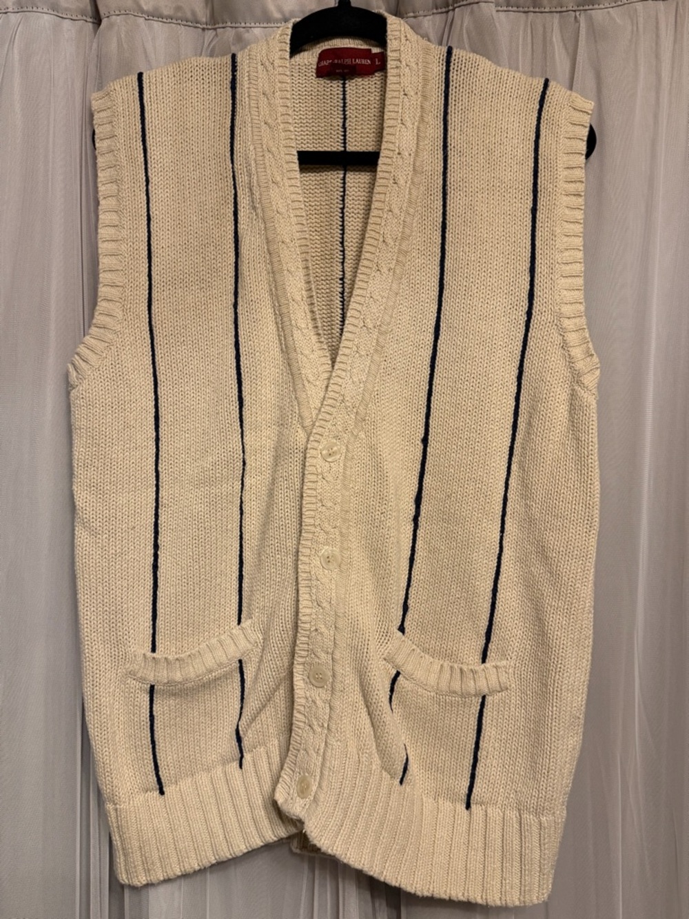 Ralph Lauren Polo Vintage  Cream Knit Button-Up Vest with Navy Stripes